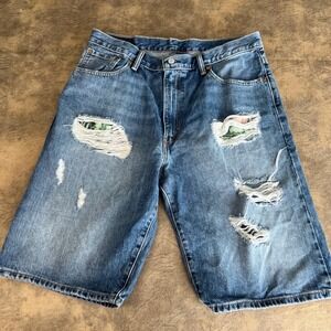 Levi's 569 Distressed Denim Shorts Mens 36 Blue Tropical Patch Ripped Jorts